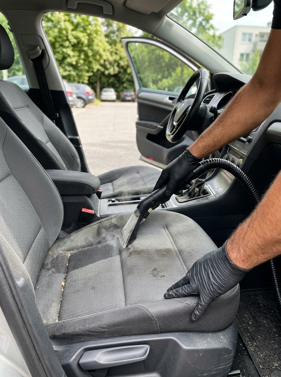 Tiefensitzreinigung mit Nassreiniger und Extraktion an einem Fahrzeugsitz