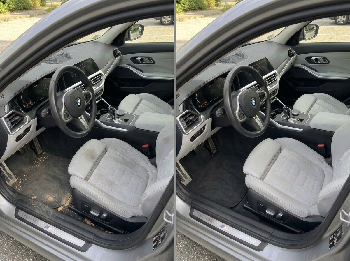 Vorher-Nachher Vergleich einer BMW Innenraumaufbereitung mit Alcantara-Sitzen in Hamburg