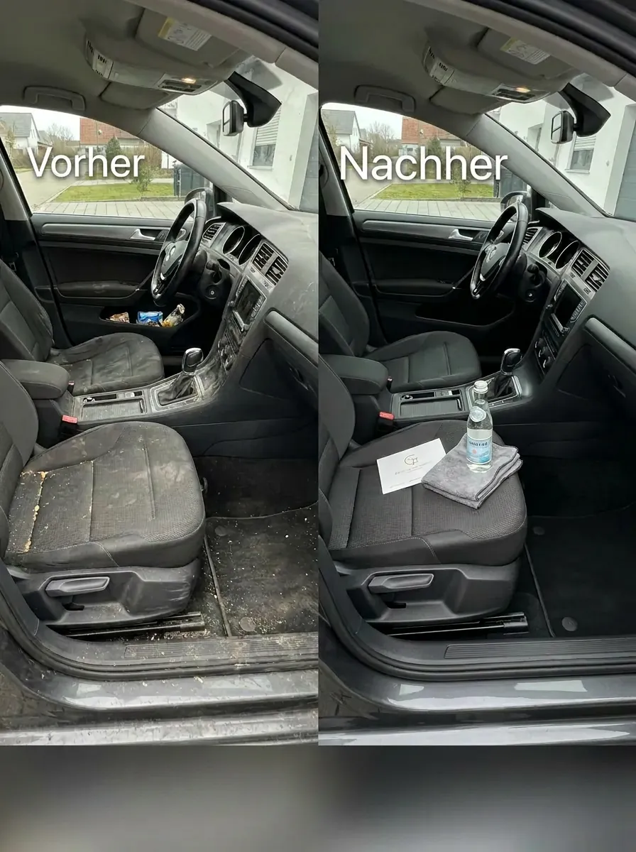 Vorher-Nachher Vergleich einer professionellen Polsterreinigung im Fahrzeug